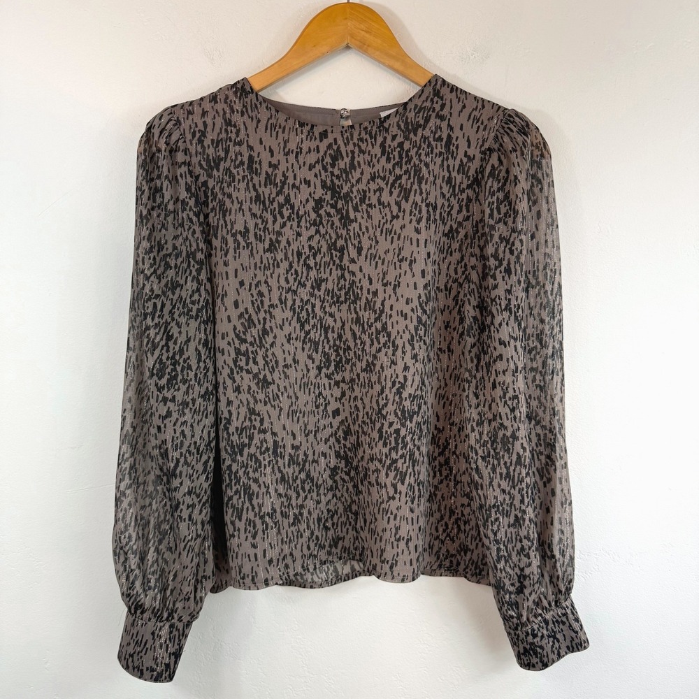 EVEREVE Sheer Metallic Blouse XS Taupe Black Animal Print Puff Sleeve Career